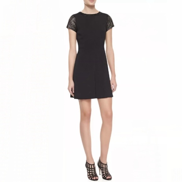 Rebecca Taylor Short Sleeve Black Perforated Leather Sleeved Mini Dress Size 2 - Picture 1 of 10